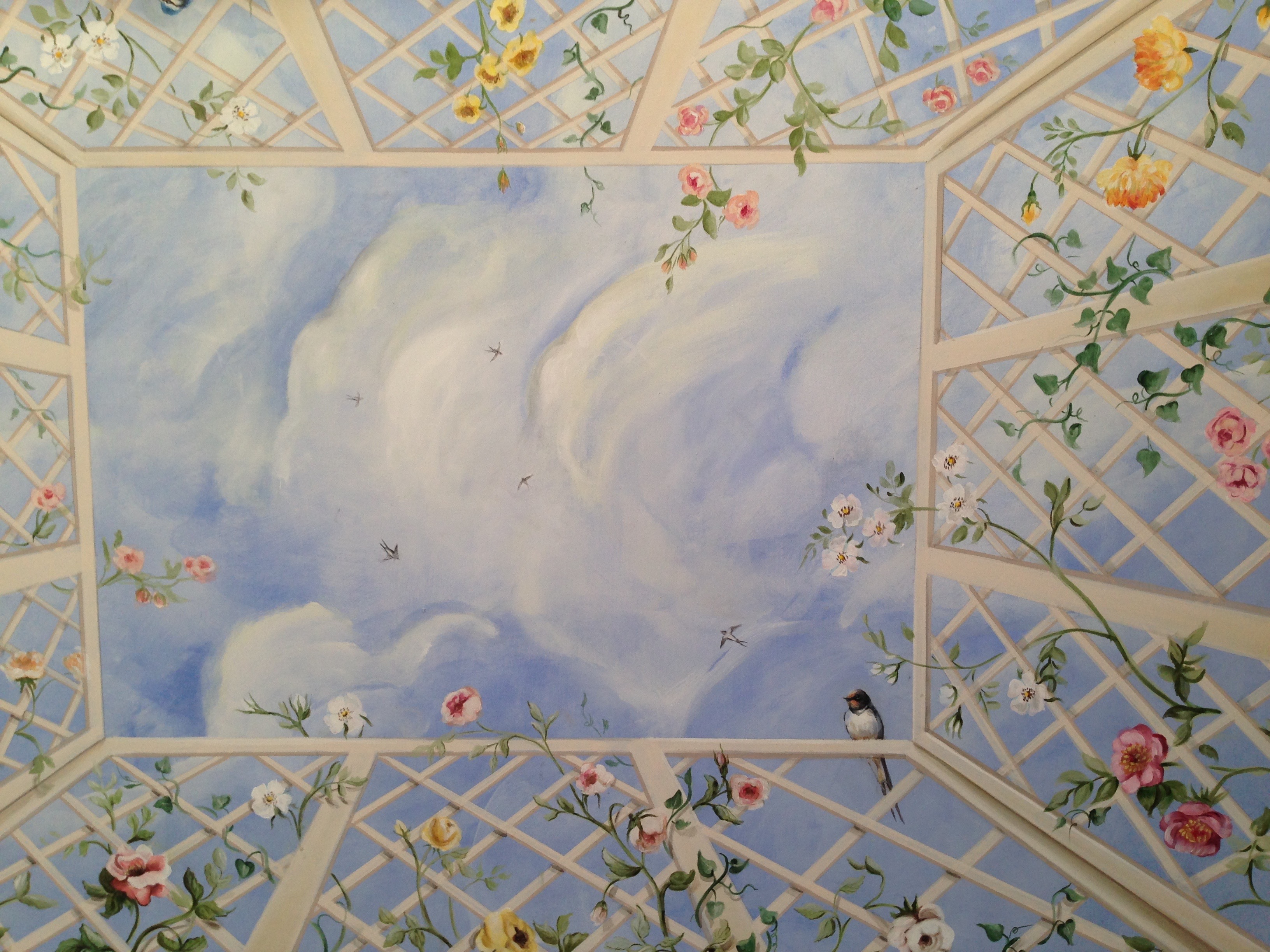 Un soffitto decorato con un trompe l’oeil dipinto su tela